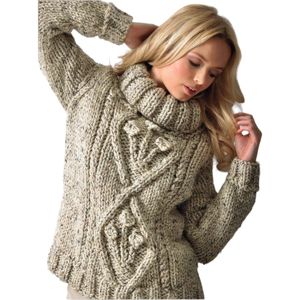 Chunky Cowl Neck Cable Knit Sweater - Beige